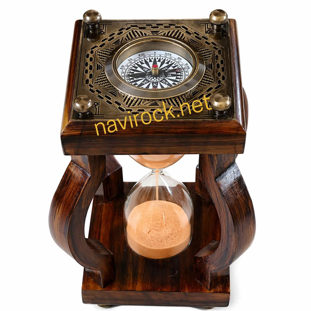 Vintage Wooden Hourglass Sand Timer with Orange Sand and Brass Chessboard Top Solid Wood Frame