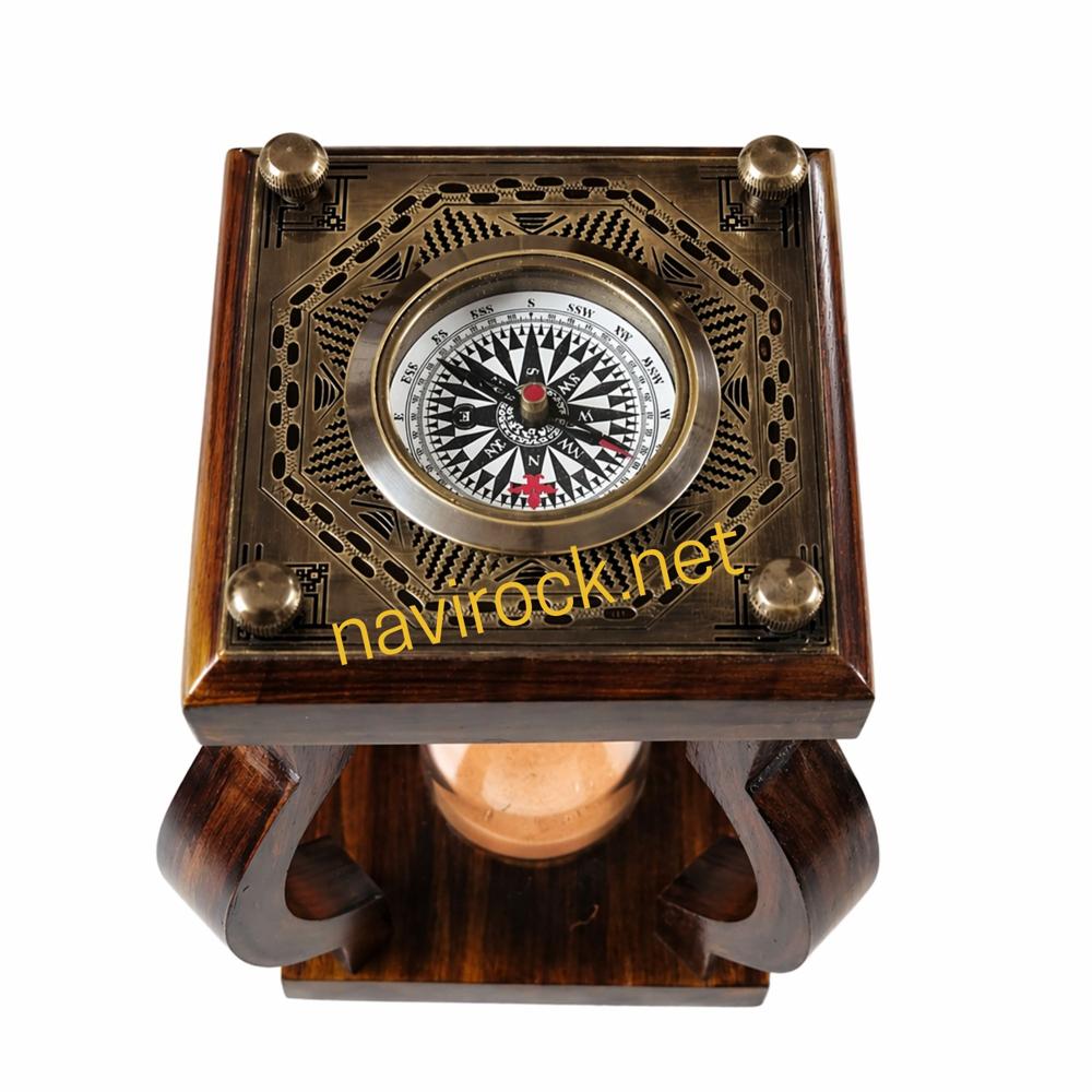 Vintage Wooden Hourglass Sand Timer with Orange Sand and Brass Chessboard Top Solid Wood Frame