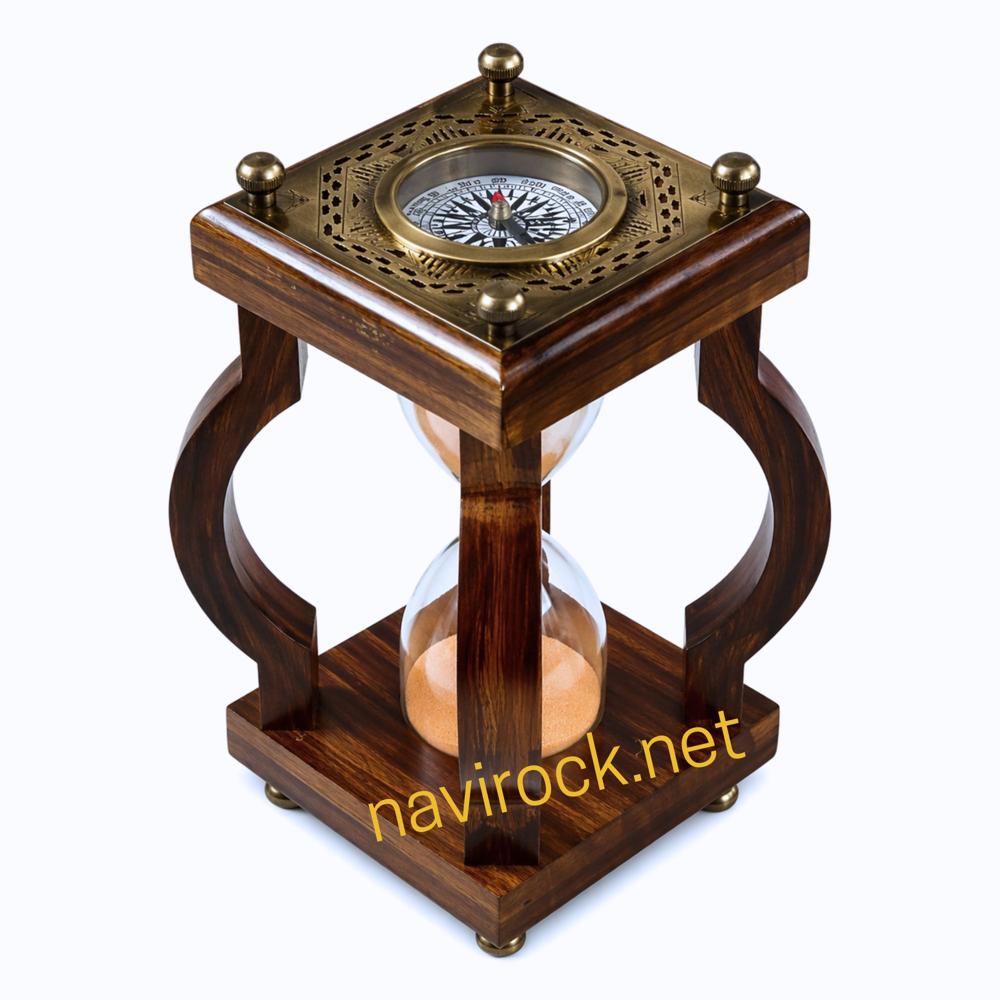 Vintage Wooden Hourglass Sand Timer with Orange Sand and Brass Chessboard Top Solid Wood Frame