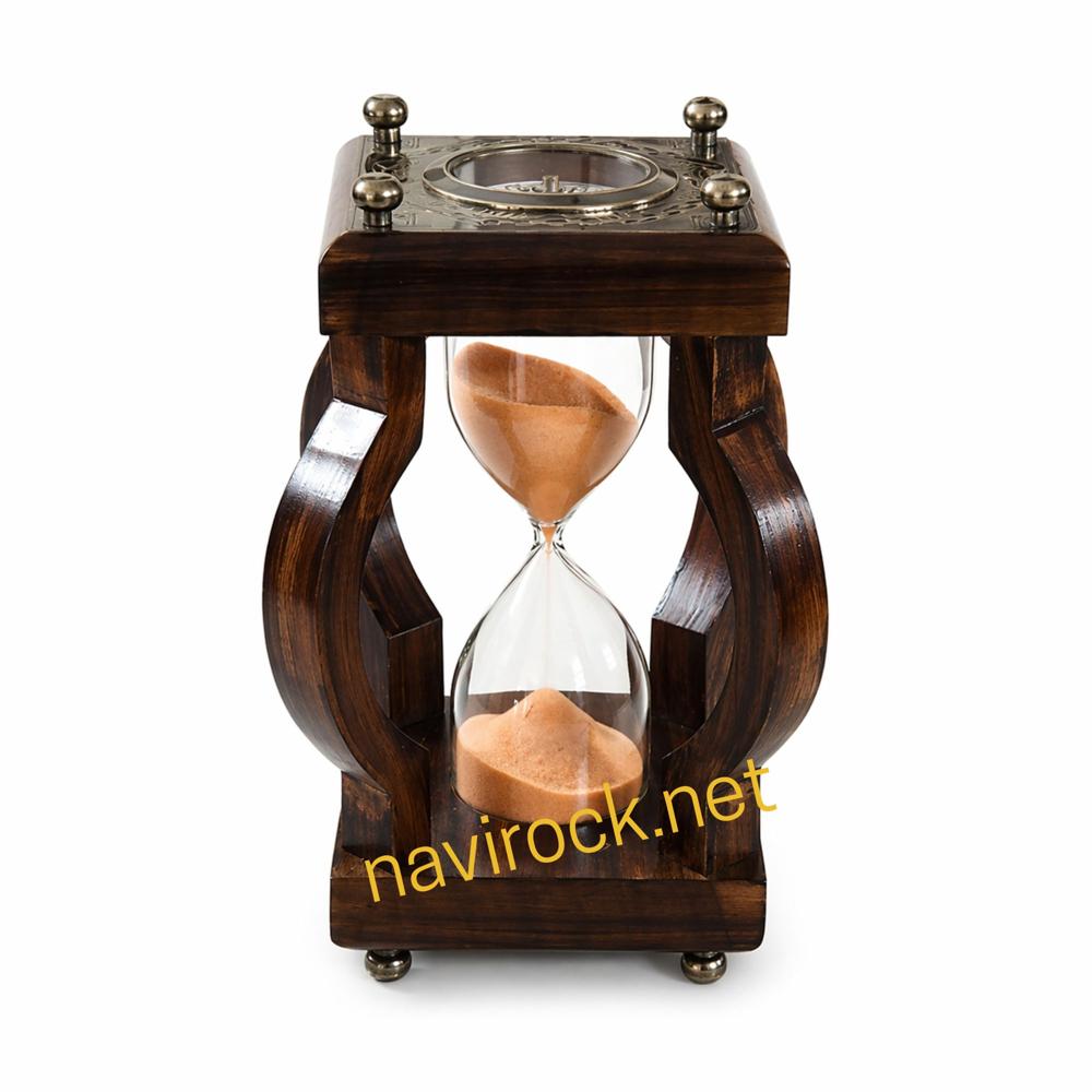 Vintage Wooden Hourglass Sand Timer with Orange Sand and Brass Chessboard Top Solid Wood Frame