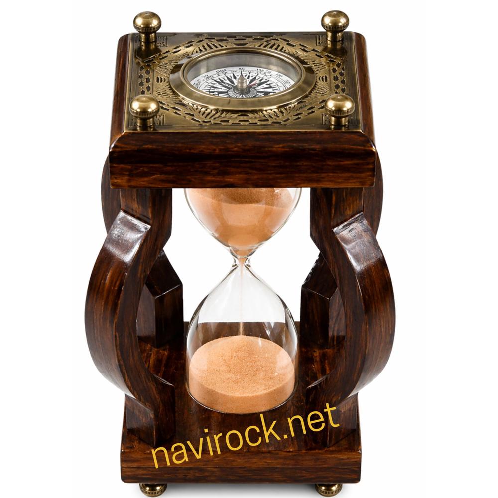 Vintage Wooden Hourglass Sand Timer with Orange Sand and Brass Chessboard Top Solid Wood Frame