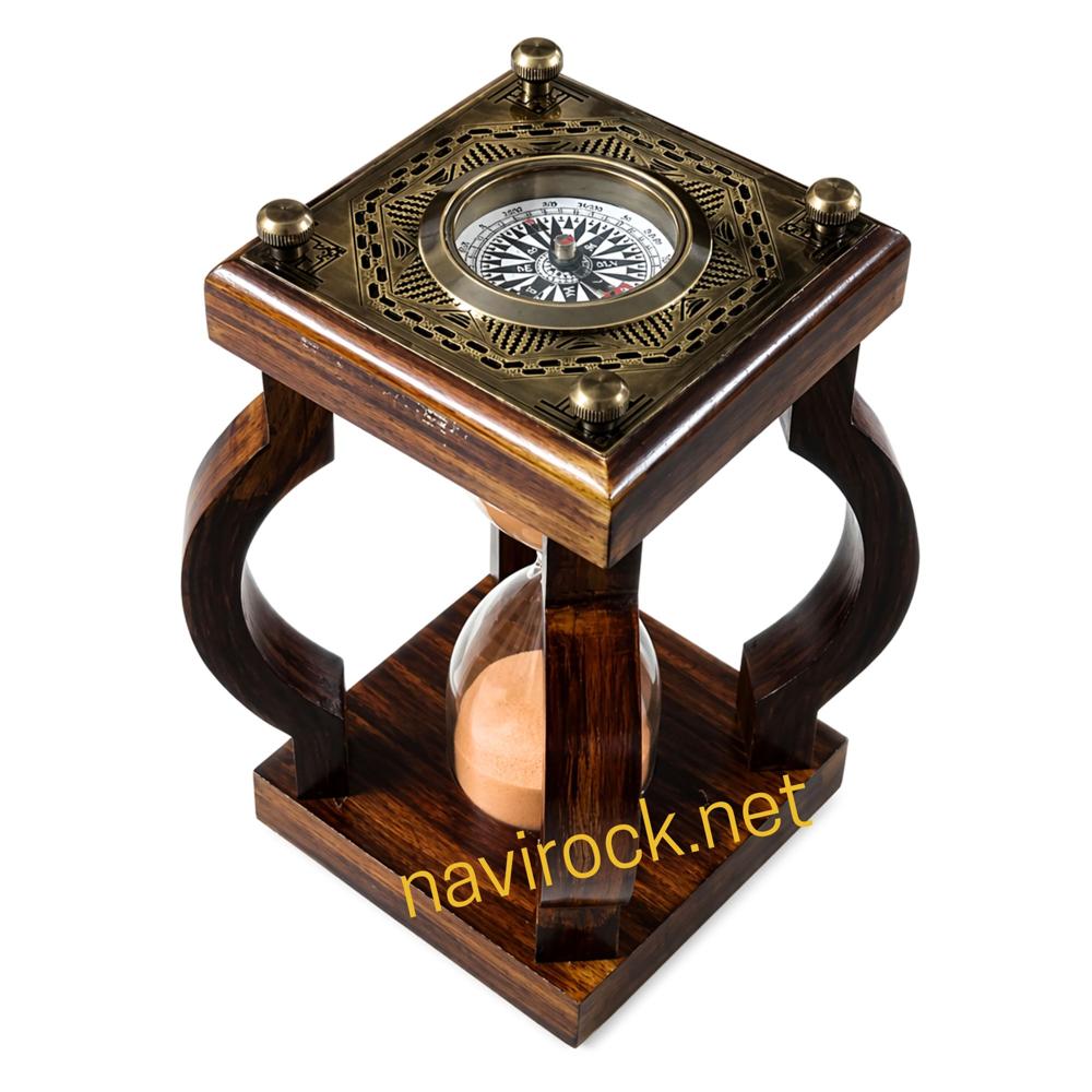 Vintage Wooden Hourglass Sand Timer with Orange Sand and Brass Chessboard Top Solid Wood Frame
