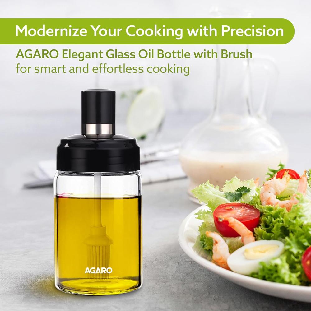 AGARO Elegant Glass Oil Bottle with Brush 250ml, Oil Container Bottle for Kitchen, Glass Bottle with Brush for Cooking, Baking, BBQ, Marinating 34248