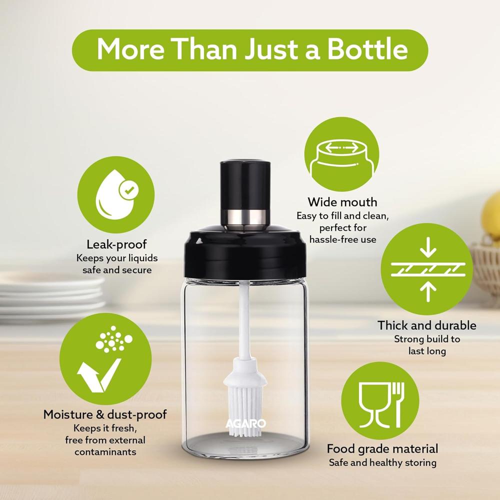 AGARO Elegant Glass Oil Bottle with Brush 250ml, Oil Container Bottle for Kitchen, Glass Bottle with Brush for Cooking, Baking, BBQ, Marinating 34248