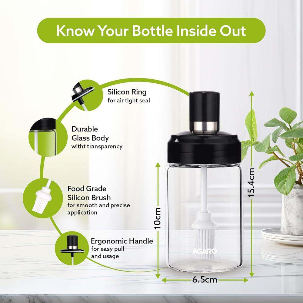 AGARO Elegant Glass Oil Bottle with Brush 250ml, Oil Container Bottle for Kitchen, Glass Bottle with Brush for Cooking, Baking, BBQ, Marinating 34248
