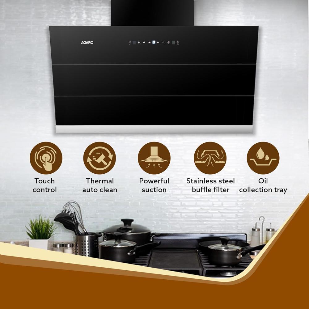 AGARO Royal Kitchen Chimney 60 cm 1350 m3/hr  Auto-Clean Kitchen Hood,Filter-less technology, Touch and Motion Sensor Control Digital Display, Black  33706