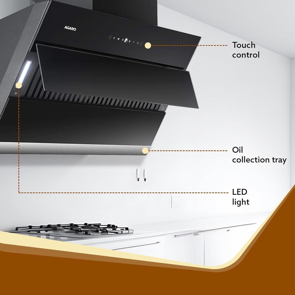 AGARO Royal Kitchen Chimney 60 cm 1350 m3/hr  Auto-Clean Kitchen Hood,Filter-less technology, Touch and Motion Sensor Control Digital Display, Black  33706