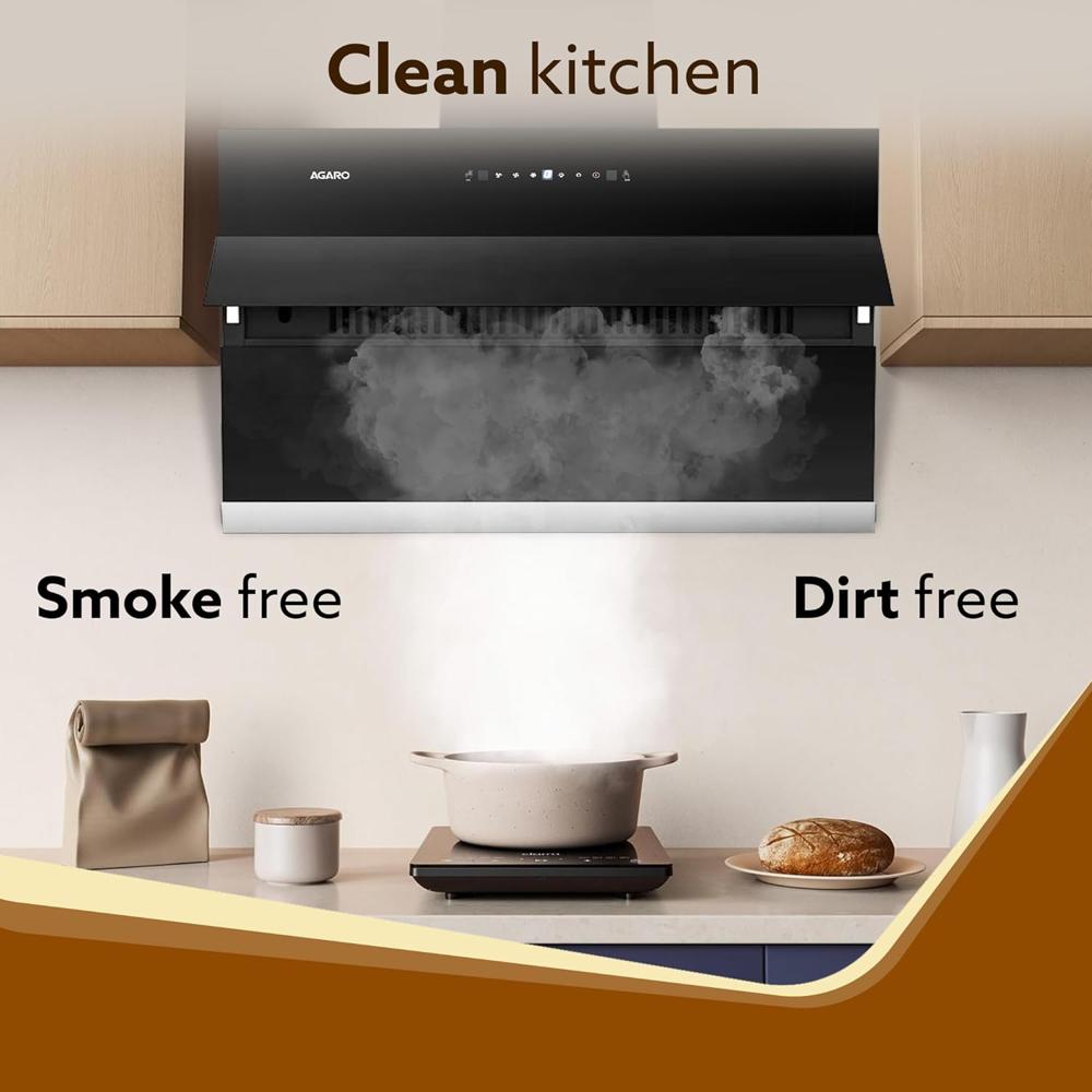 AGARO Royal Kitchen Chimney 60 cm 1350 m3/hr  Auto-Clean Kitchen Hood,Filter-less technology, Touch and Motion Sensor Control Digital Display, Black  33706
