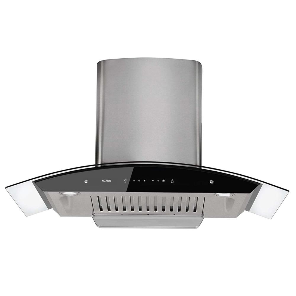 AGARO Grand Kitchen Chimney 90 cm 1200 m3/hr Auto-Clean Curved Glass Kitchen Hood (SS Baffle Filter, Touch and Motion Sensor Control and Digital Display, Silver 33705