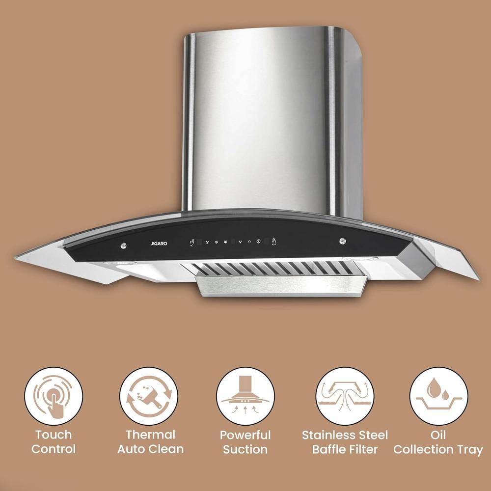 AGARO Grand Kitchen Chimney 90 cm 1200 m3/hr Auto-Clean Curved Glass Kitchen Hood (SS Baffle Filter, Touch and Motion Sensor Control and Digital Display, Silver 33705