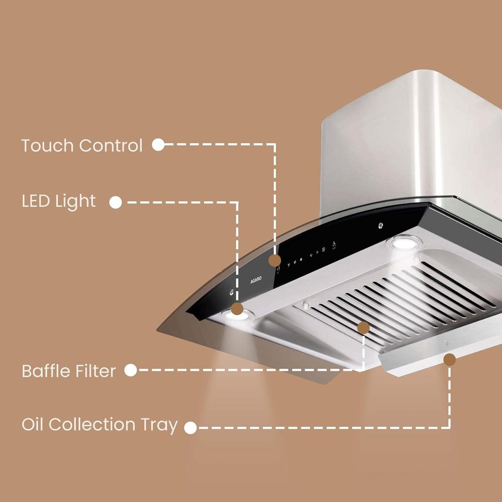 AGARO Grand Kitchen Chimney 90 cm 1200 m3/hr Auto-Clean Curved Glass Kitchen Hood (SS Baffle Filter, Touch and Motion Sensor Control and Digital Display, Silver 33705