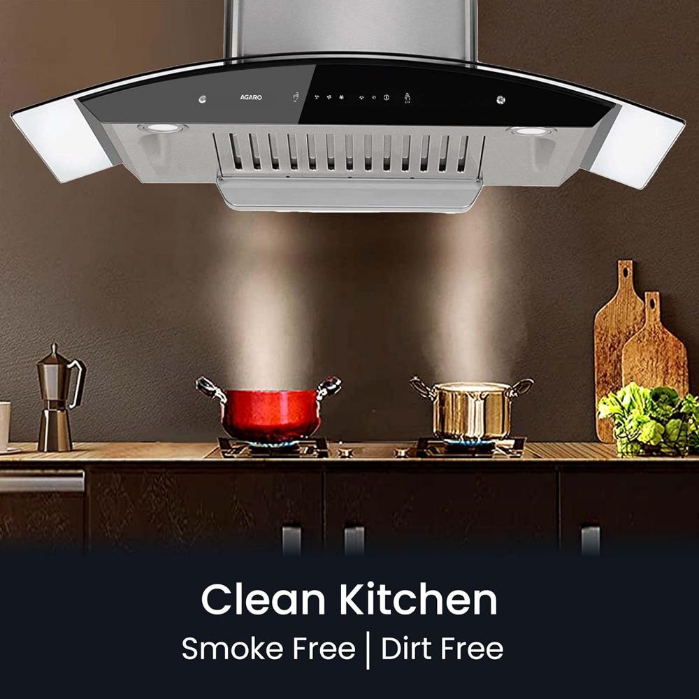 AGARO Grand Kitchen Chimney 90 cm 1200 m3/hr Auto-Clean Curved Glass Kitchen Hood (SS Baffle Filter, Touch and Motion Sensor Control and Digital Display, Silver 33705