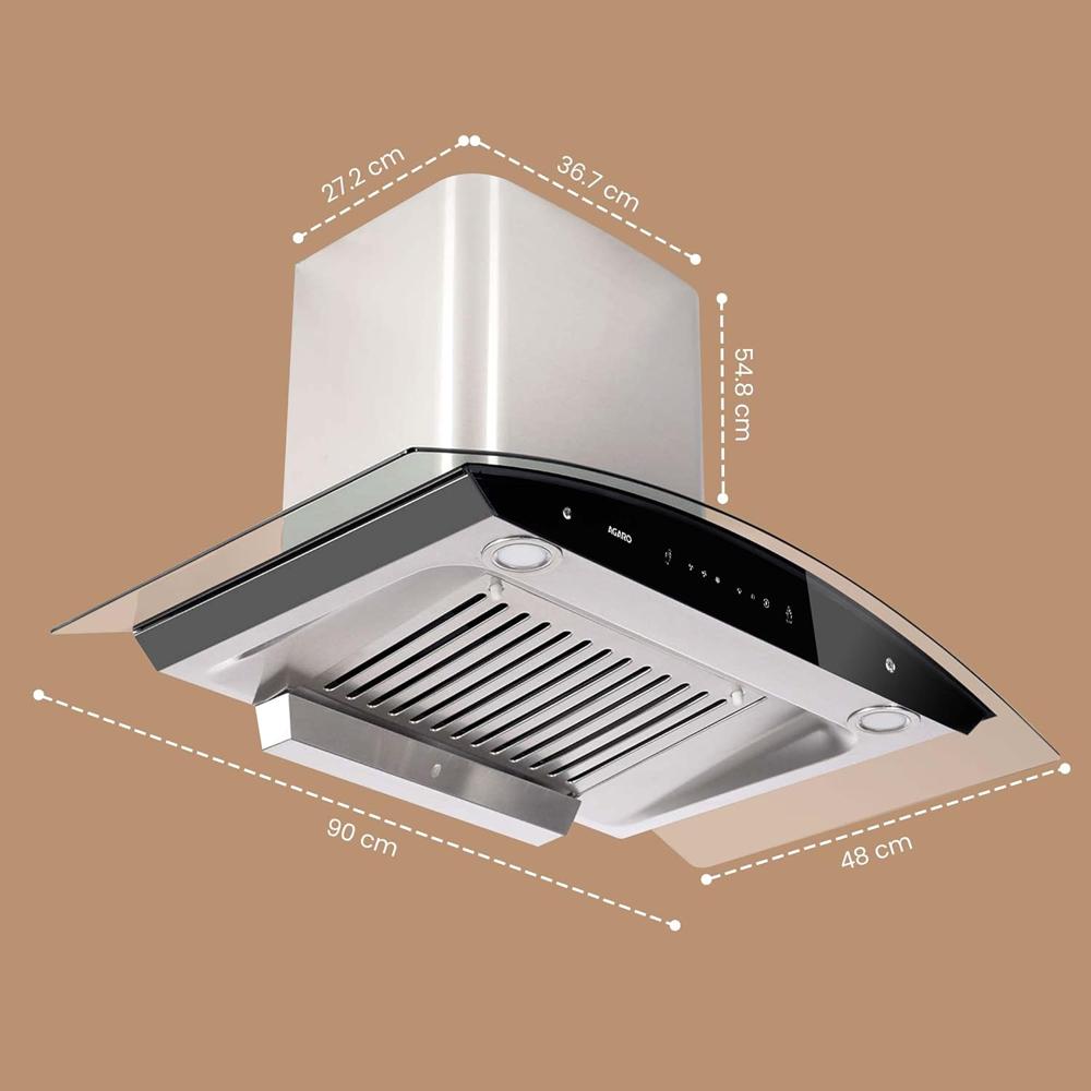 AGARO Grand Kitchen Chimney 90 cm 1200 m3/hr Auto-Clean Curved Glass Kitchen Hood (SS Baffle Filter, Touch and Motion Sensor Control and Digital Display, Silver 33705