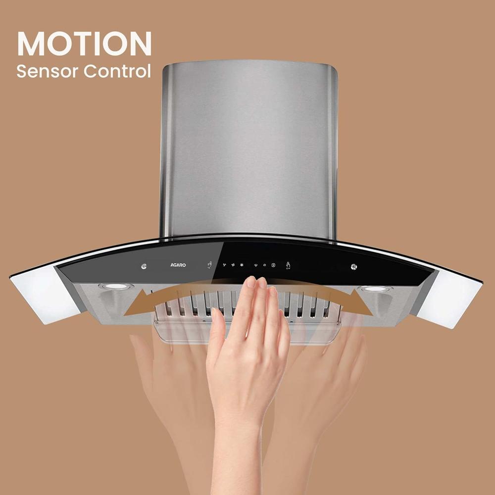 AGARO Grand Kitchen Chimney 90 cm 1200 m3/hr Auto-Clean Curved Glass Kitchen Hood (SS Baffle Filter, Touch and Motion Sensor Control and Digital Display, Silver 33705