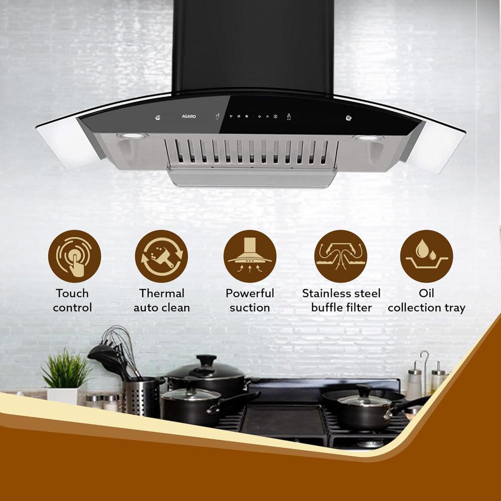 AGARO Grand Kitchen Chimney 90 cm 1200 m3/hr Auto-Clean curved glass Kitchen Hood, SS Baffle Filter, Touch and Motion Sensor Control and Digital Display, Black 33941