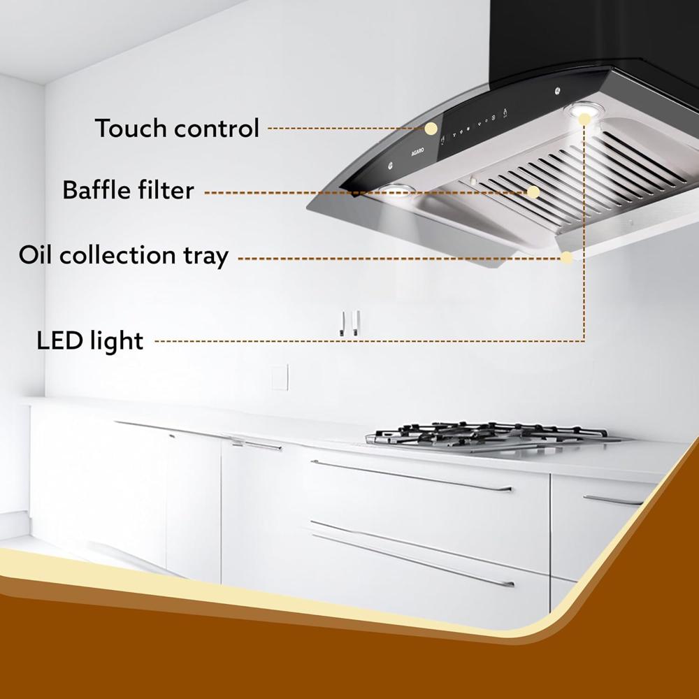 AGARO Grand Kitchen Chimney 90 cm 1200 m3/hr Auto-Clean curved glass Kitchen Hood, SS Baffle Filter, Touch and Motion Sensor Control and Digital Display, Black 33941