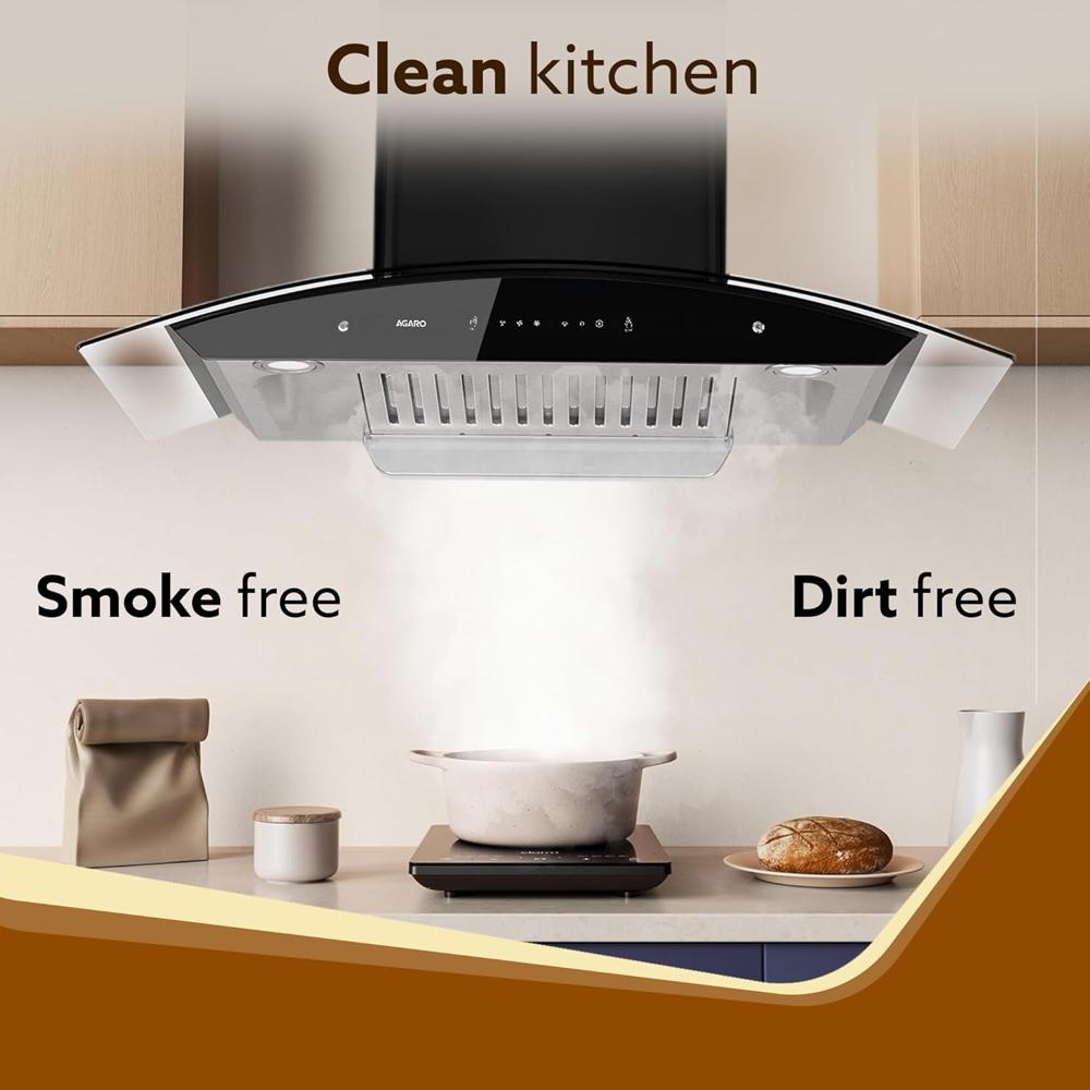 AGARO Grand Kitchen Chimney 90 cm 1200 m3/hr Auto-Clean curved glass Kitchen Hood, SS Baffle Filter, Touch and Motion Sensor Control and Digital Display, Black 33941