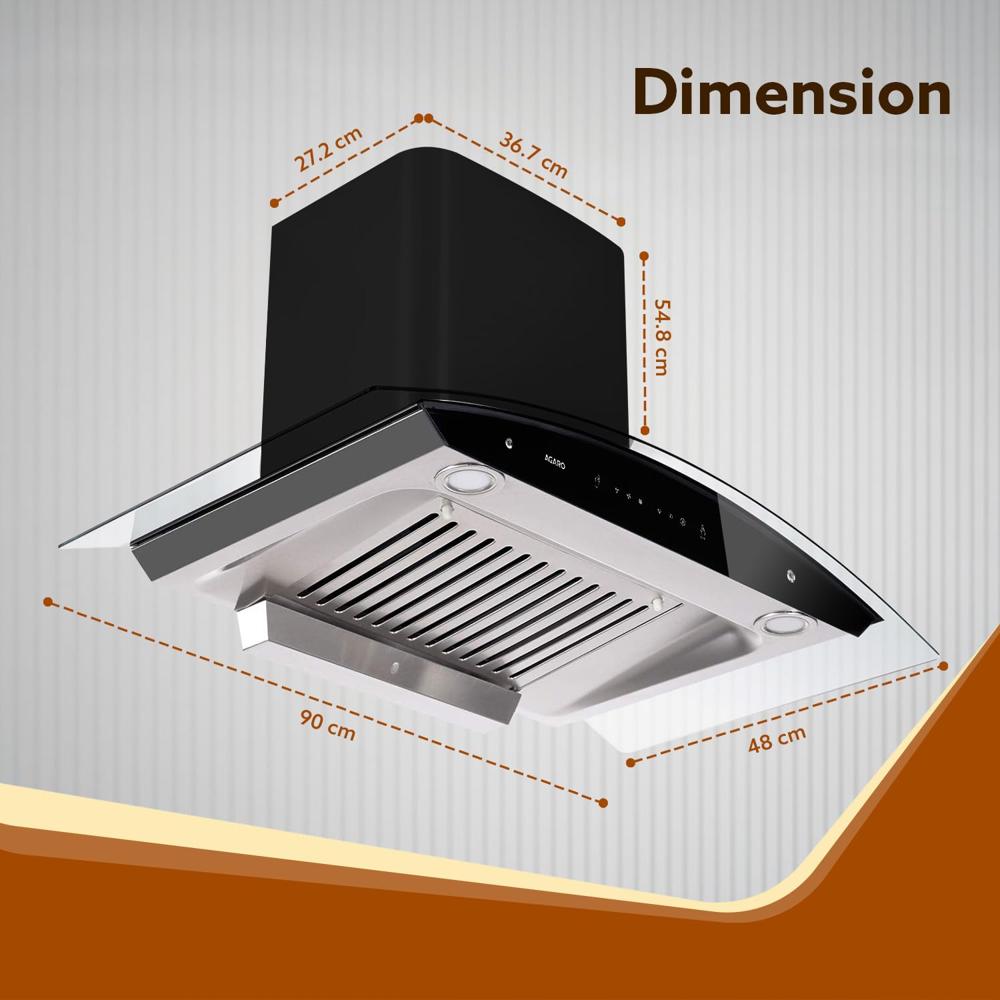 AGARO Grand Kitchen Chimney 90 cm 1200 m3/hr Auto-Clean curved glass Kitchen Hood, SS Baffle Filter, Touch and Motion Sensor Control and Digital Display, Black 33941