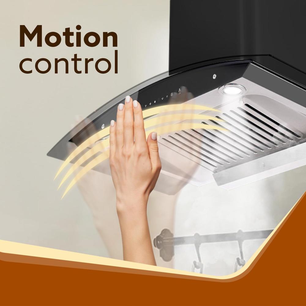 AGARO Grand Kitchen Chimney 90 cm 1200 m3/hr Auto-Clean curved glass Kitchen Hood, SS Baffle Filter, Touch and Motion Sensor Control and Digital Display, Black 33941