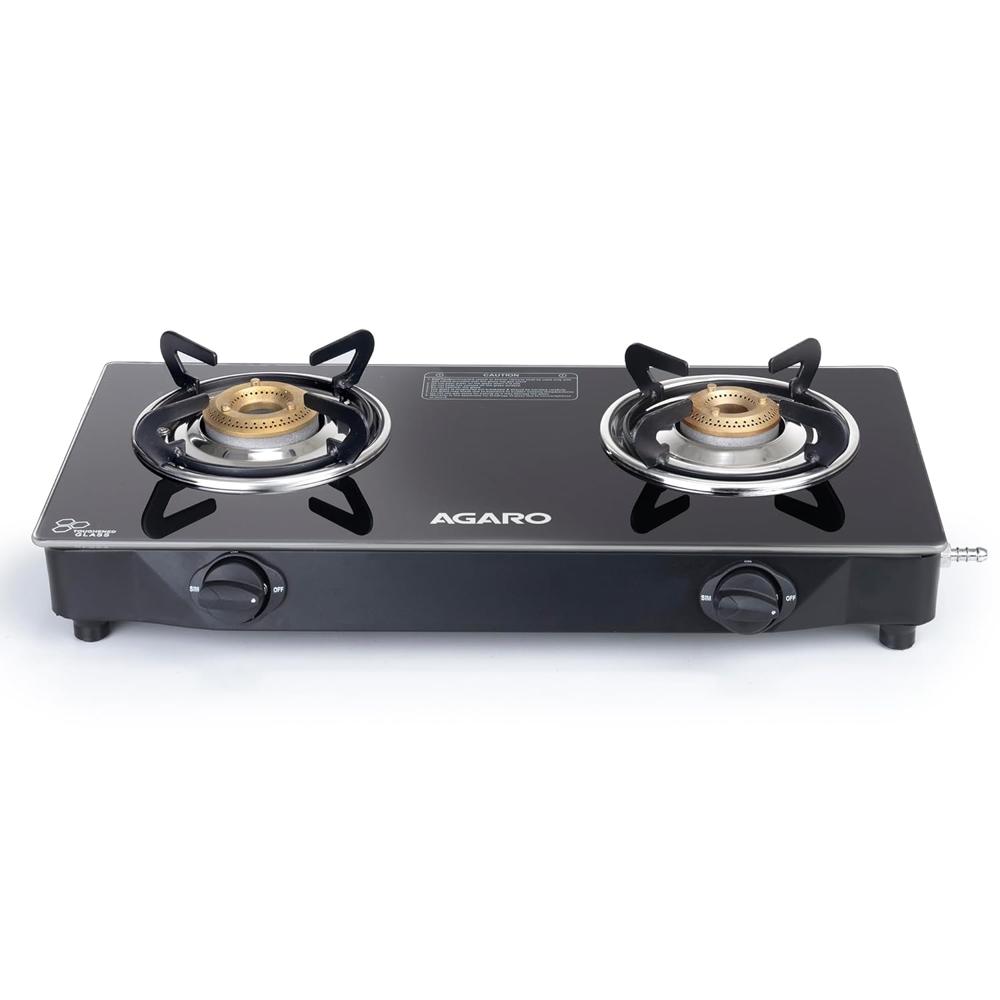 AGARO Elite 2 Burners Gas Stove, Toughened Glass Top, Round Brass Burners, 1 Small & 1 Medium Size Burner, Spill Proof Fixed Drip Tray, Manual Ignition, Kitchen Use, Regular Cooking Use, Black 34104