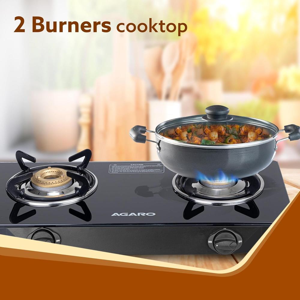AGARO Elite 2 Burners Gas Stove, Toughened Glass Top, Round Brass Burners, 1 Small & 1 Medium Size Burner, Spill Proof Fixed Drip Tray, Manual Ignition, Kitchen Use, Regular Cooking Use, Black 34104