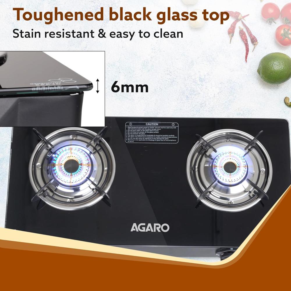 AGARO Elite 2 Burners Gas Stove, Toughened Glass Top, Round Brass Burners, 1 Small & 1 Medium Size Burner, Spill Proof Fixed Drip Tray, Manual Ignition, Kitchen Use, Regular Cooking Use, Black 34104