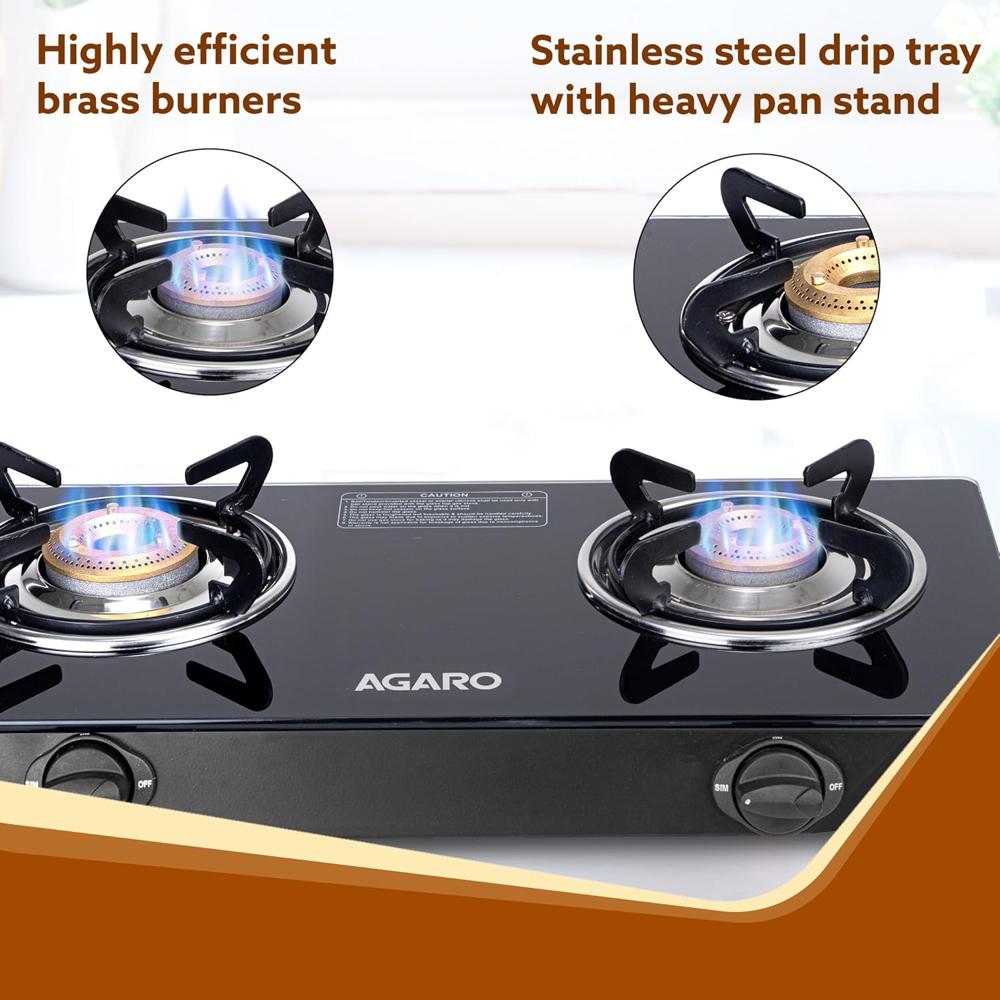 AGARO Elite 2 Burners Gas Stove, Toughened Glass Top, Round Brass Burners, 1 Small & 1 Medium Size Burner, Spill Proof Fixed Drip Tray, Manual Ignition, Kitchen Use, Regular Cooking Use, Black 34104