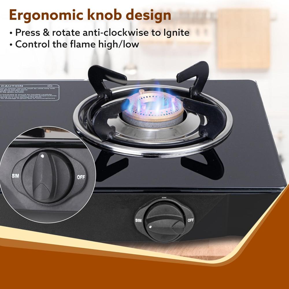 AGARO Elite 2 Burners Gas Stove, Toughened Glass Top, Round Brass Burners, 1 Small & 1 Medium Size Burner, Spill Proof Fixed Drip Tray, Manual Ignition, Kitchen Use, Regular Cooking Use, Black 34104