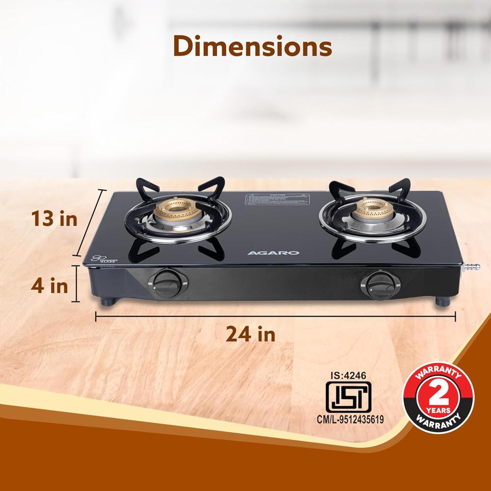 AGARO Elite 2 Burners Gas Stove, Toughened Glass Top, Round Brass Burners, 1 Small & 1 Medium Size Burner, Spill Proof Fixed Drip Tray, Manual Ignition, Kitchen Use, Regular Cooking Use, Black 34104