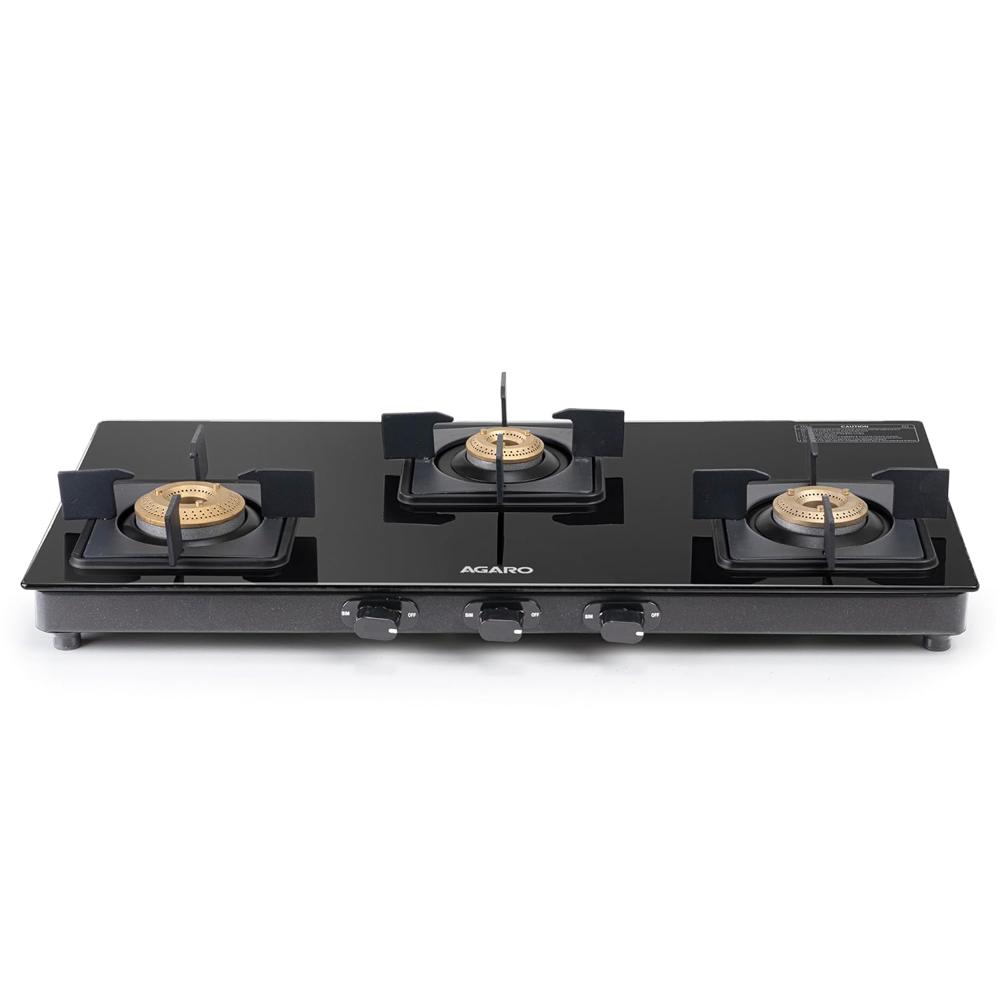 AGARO Regency 3 Burners Gas Stove, Toughened Glass Top, Brass Burners, 1 Small, 1 Medium & 1 Big Size Burner, Spill Proof Removable Drip Tray, Manual Ignition, Kitchen Use, Regular Cooking Use 34107