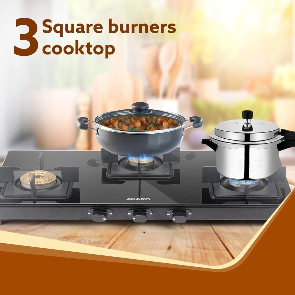 AGARO Regency 3 Burners Gas Stove, Toughened Glass Top, Brass Burners, 1 Small, 1 Medium & 1 Big Size Burner, Spill Proof Removable Drip Tray, Manual Ignition, Kitchen Use, Regular Cooking Use 34107