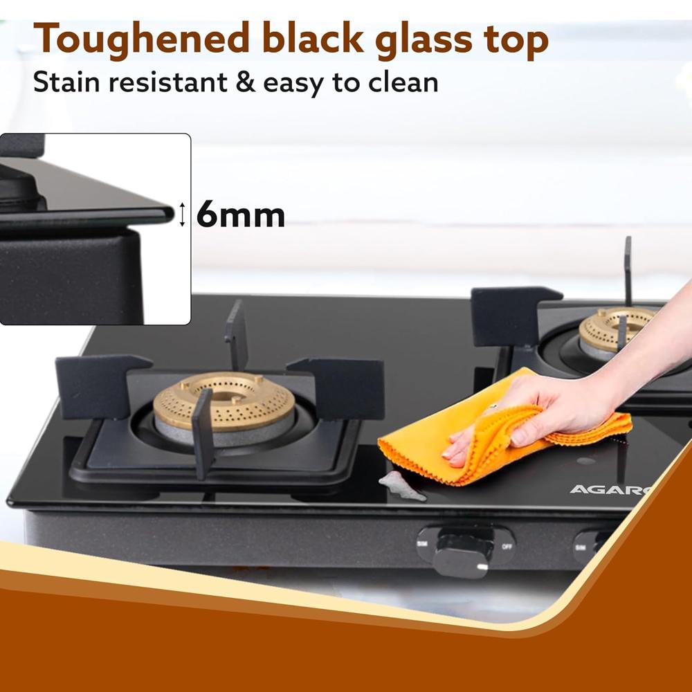 AGARO Regency 3 Burners Gas Stove, Toughened Glass Top, Brass Burners, 1 Small, 1 Medium & 1 Big Size Burner, Spill Proof Removable Drip Tray, Manual Ignition, Kitchen Use, Regular Cooking Use 34107