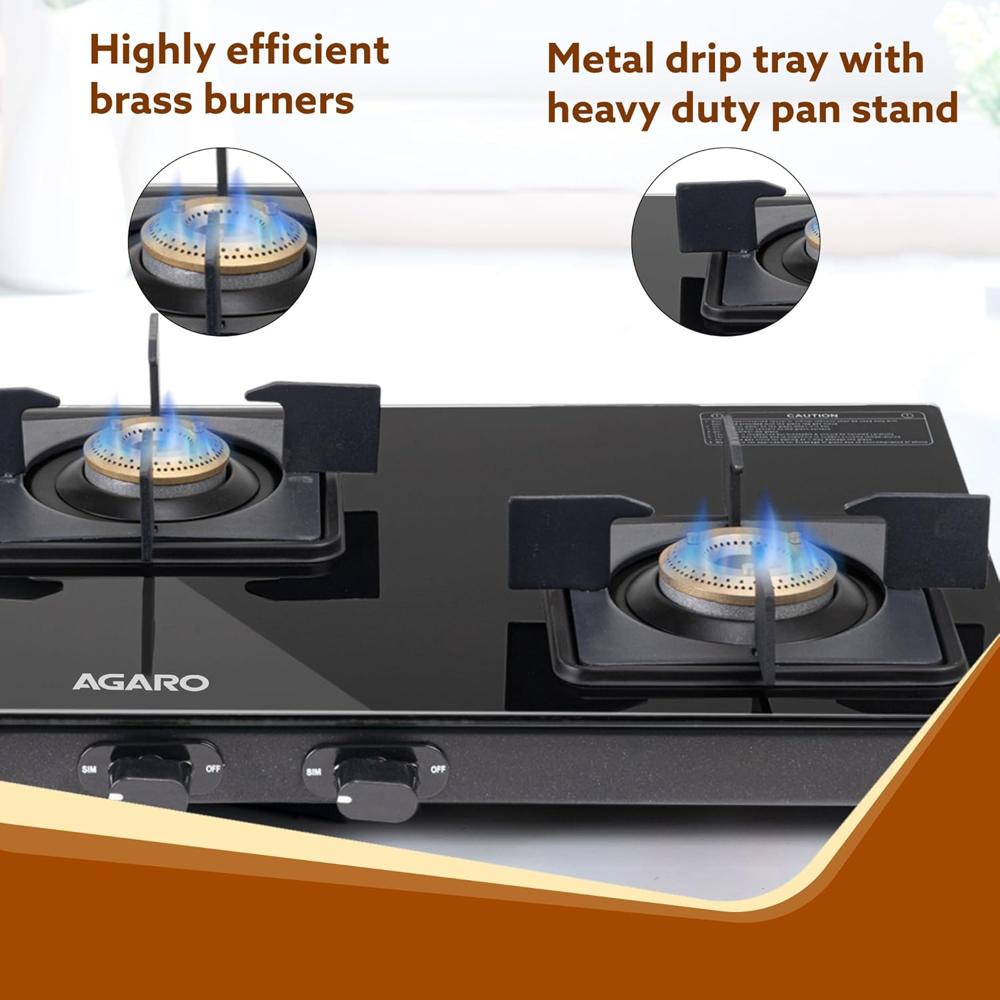 AGARO Regency 3 Burners Gas Stove, Toughened Glass Top, Brass Burners, 1 Small, 1 Medium & 1 Big Size Burner, Spill Proof Removable Drip Tray, Manual Ignition, Kitchen Use, Regular Cooking Use 34107