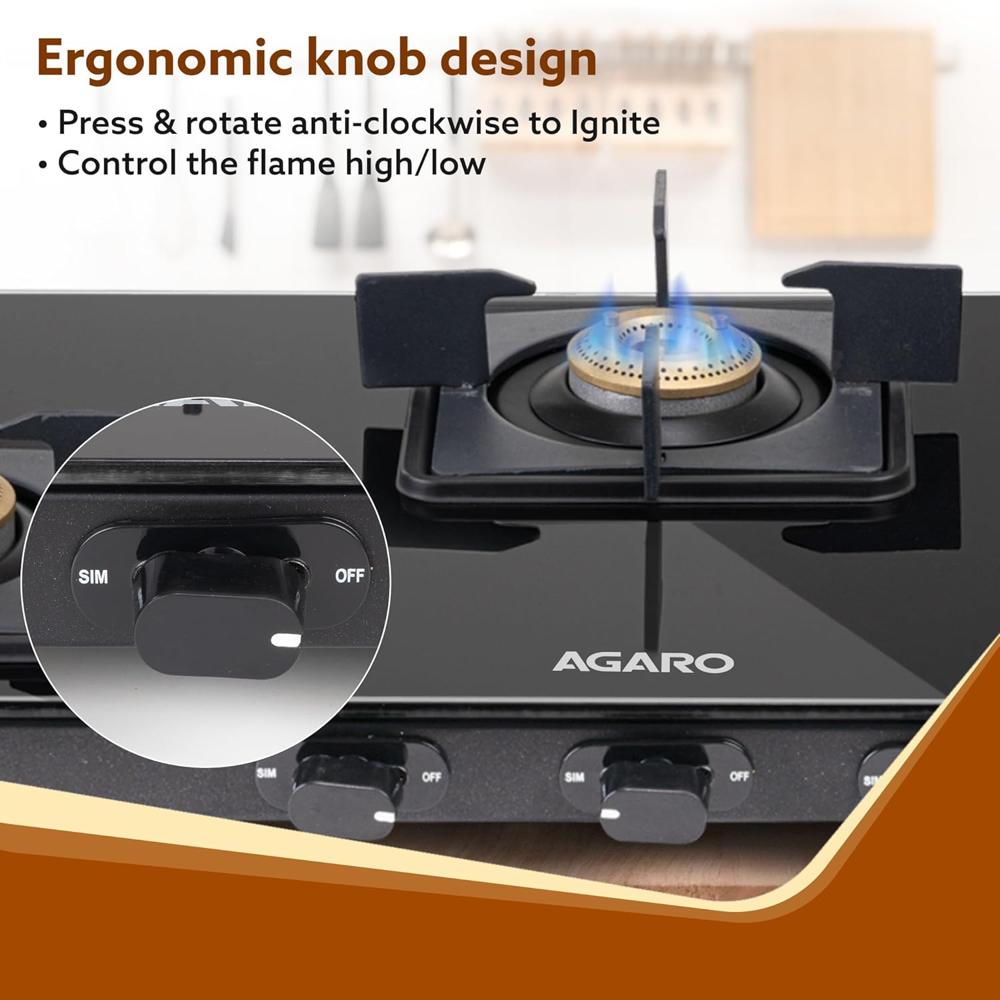 AGARO Regency 3 Burners Gas Stove, Toughened Glass Top, Brass Burners, 1 Small, 1 Medium & 1 Big Size Burner, Spill Proof Removable Drip Tray, Manual Ignition, Kitchen Use, Regular Cooking Use 34107