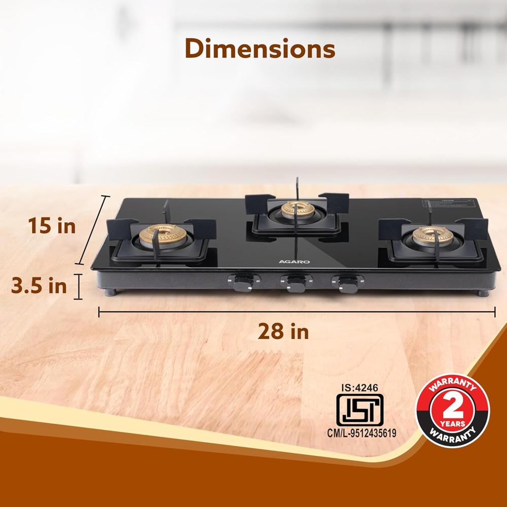 AGARO Regency 3 Burners Gas Stove, Toughened Glass Top, Brass Burners, 1 Small, 1 Medium & 1 Big Size Burner, Spill Proof Removable Drip Tray, Manual Ignition, Kitchen Use, Regular Cooking Use 34107