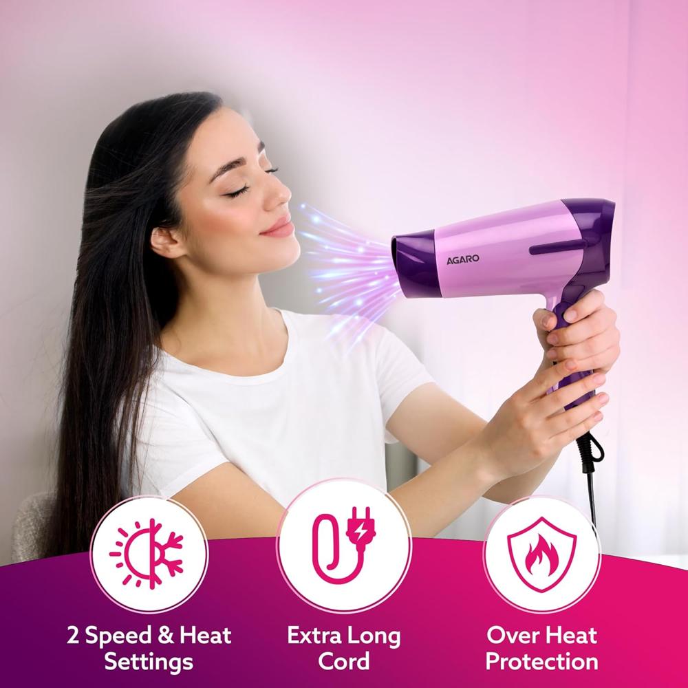 AGARO Prima Hair Dryer with 1000 Watts Copper Motor, 2 Speed & Temperature Settings,Foldable Handle, For both Men & Women, Purple  34078
