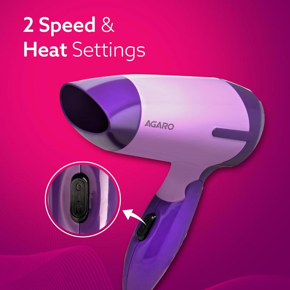 AGARO Prima Hair Dryer with 1000 Watts Copper Motor, 2 Speed & Temperature Settings,Foldable Handle, For both Men & Women, Purple  34078
