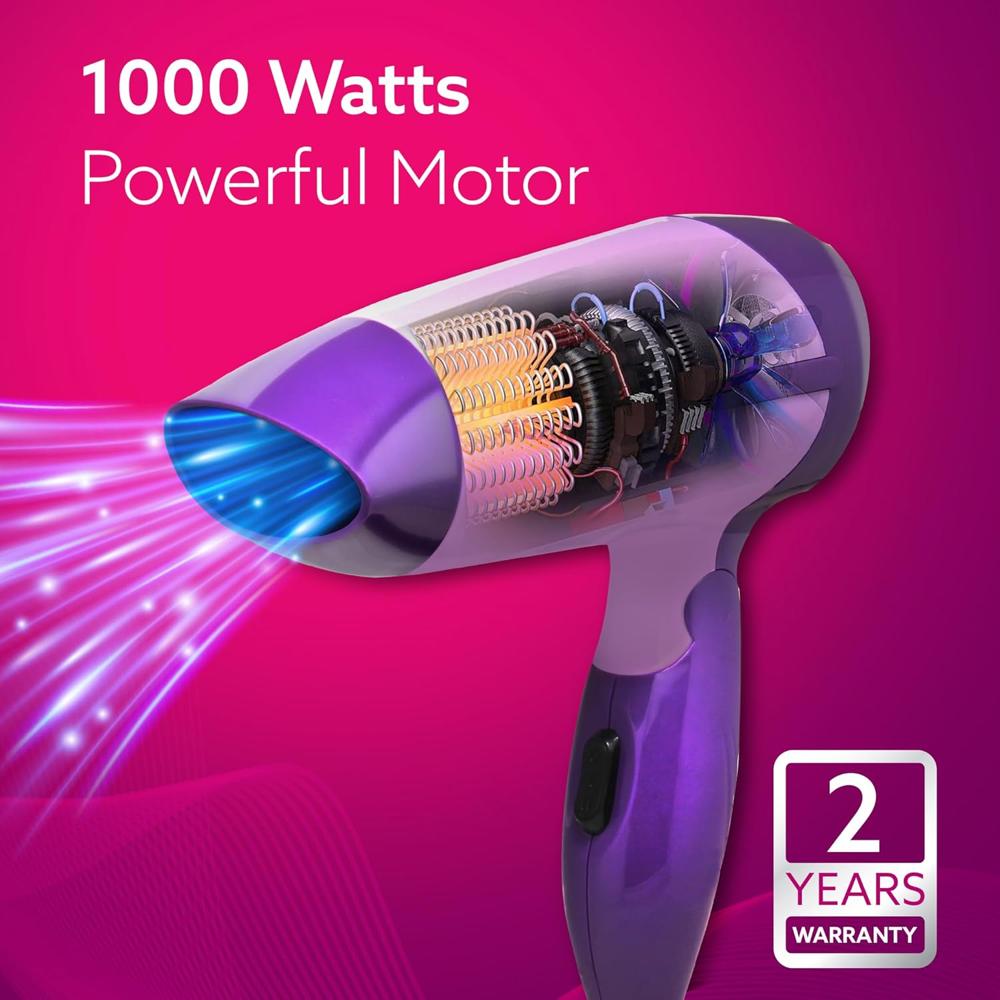 AGARO Prima Hair Dryer with 1000 Watts Copper Motor, 2 Speed & Temperature Settings,Foldable Handle, For both Men & Women, Purple  34078