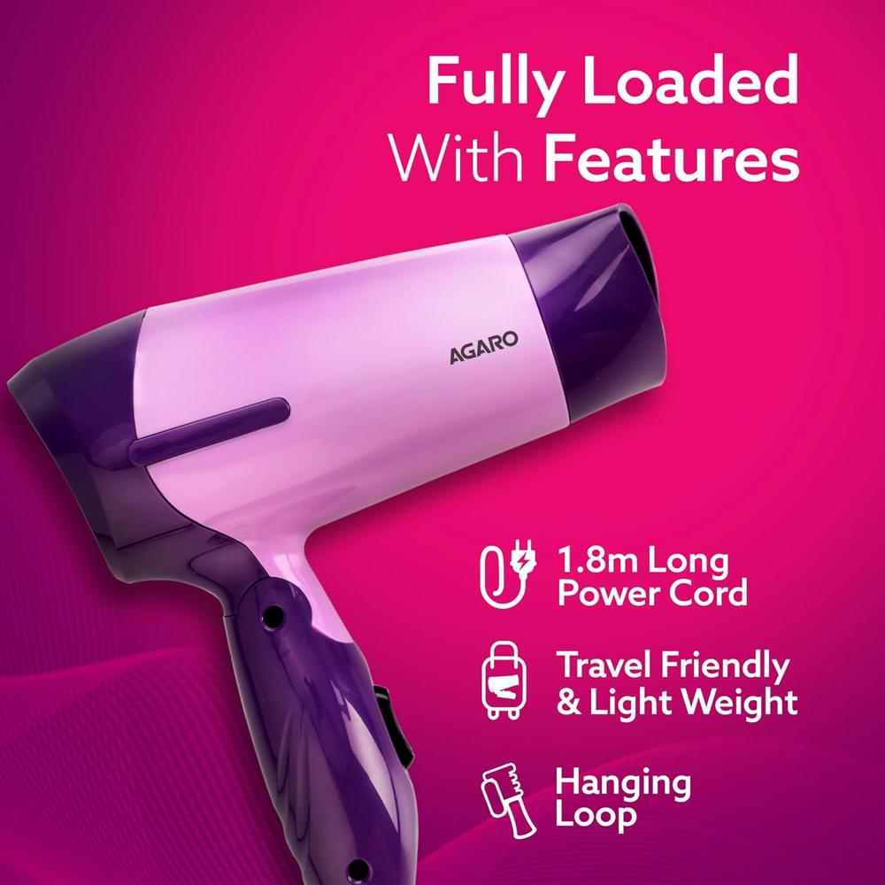 AGARO Prima Hair Dryer with 1000 Watts Copper Motor, 2 Speed & Temperature Settings,Foldable Handle, For both Men & Women, Purple  34078