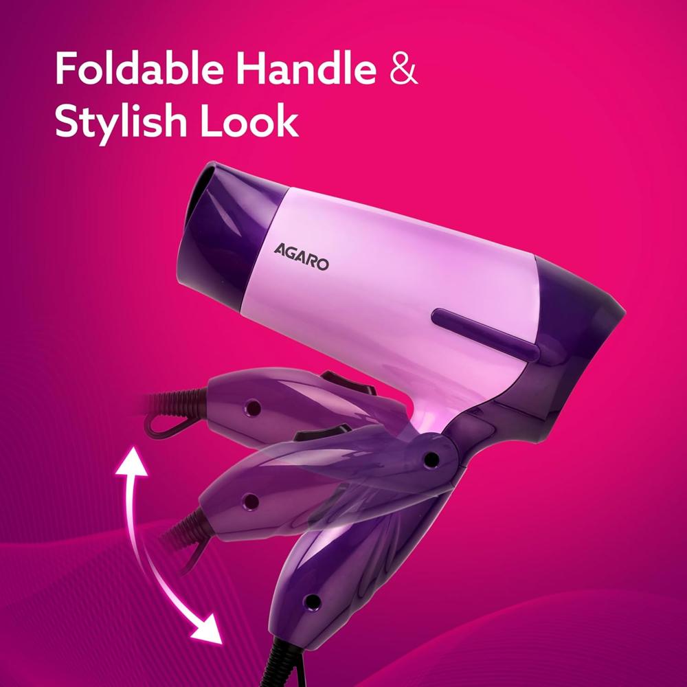 AGARO Prima Hair Dryer with 1000 Watts Copper Motor, 2 Speed & Temperature Settings,Foldable Handle, For both Men & Women, Purple  34078