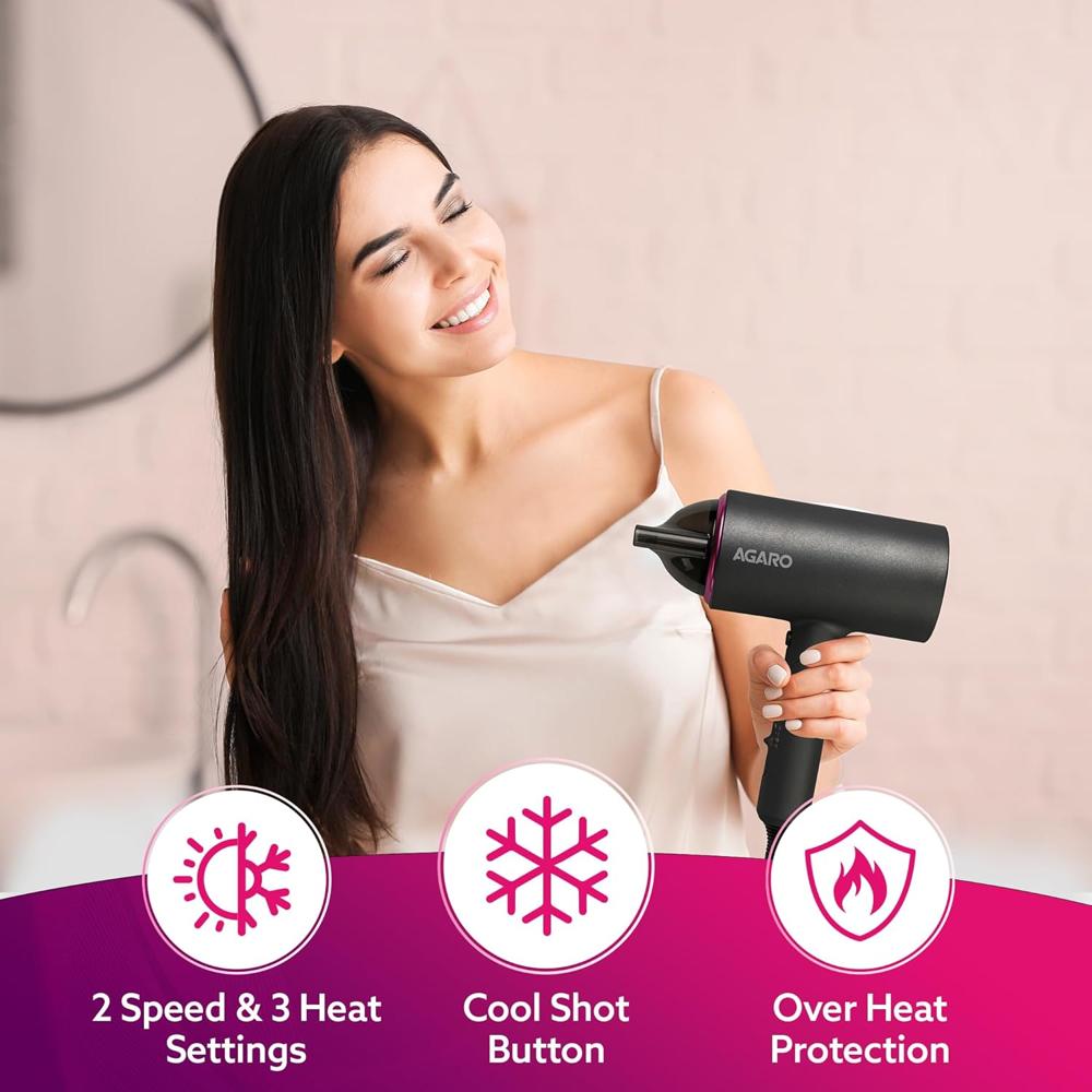 AGARO Premium Hair Dryer with 1400 Watts Motor, 3 Temperature Settings & Cool Shot Button-Black HD-1214 - 33325