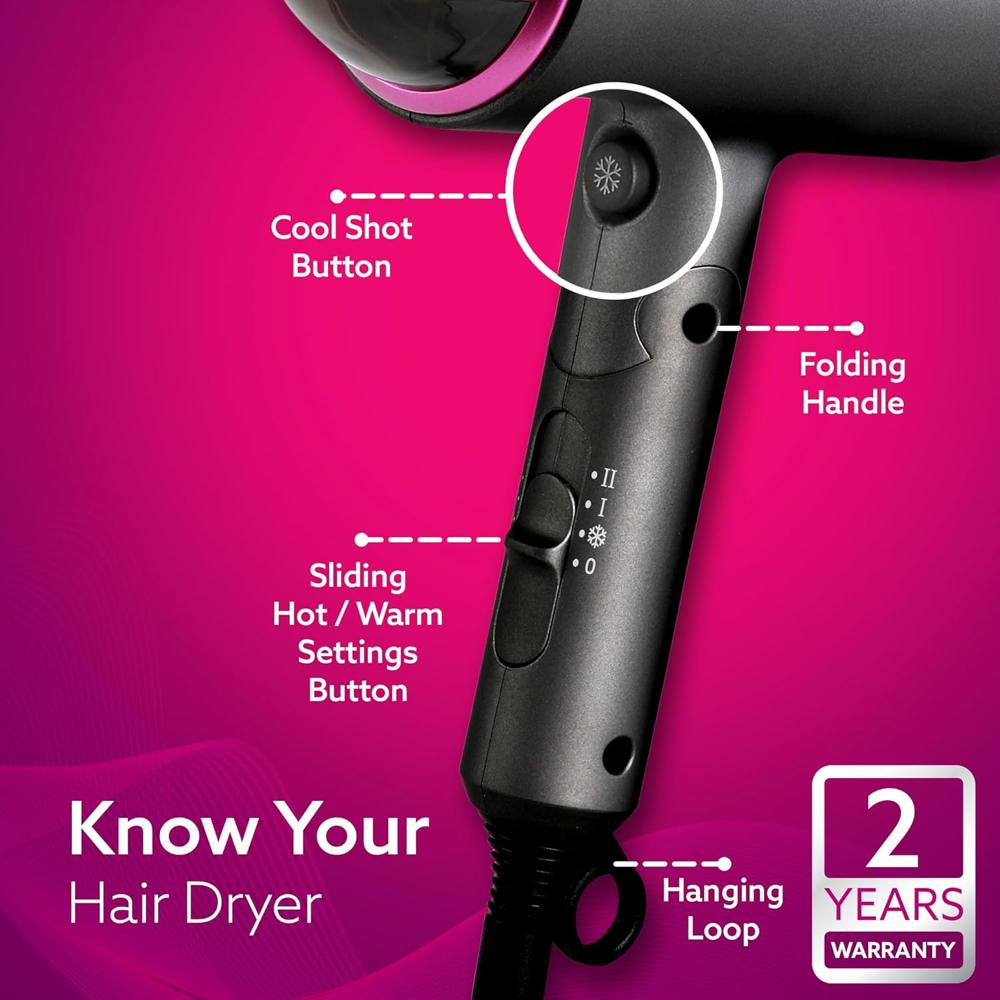 AGARO Premium Hair Dryer with 1400 Watts Motor, 3 Temperature Settings & Cool Shot Button-Black HD-1214 - 33325