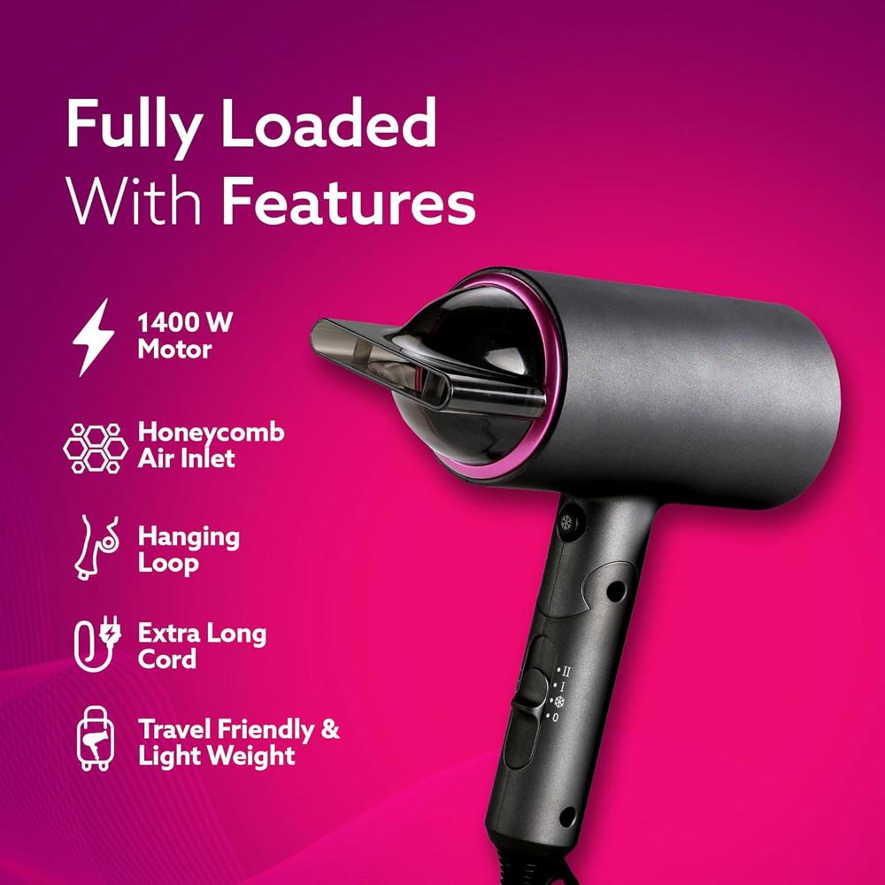 AGARO Premium Hair Dryer with 1400 Watts Motor, 3 Temperature Settings & Cool Shot Button-Black HD-1214 - 33325