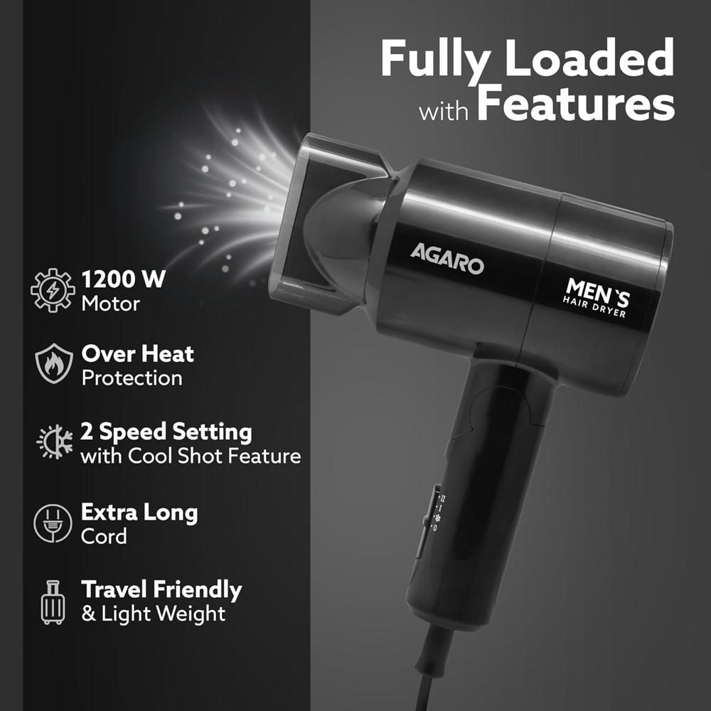 AGARO Hair Dryer for Men, 1200 Watts, 2 Heat Speed and Cool Mode, Foldable (Compact in Size)  33769