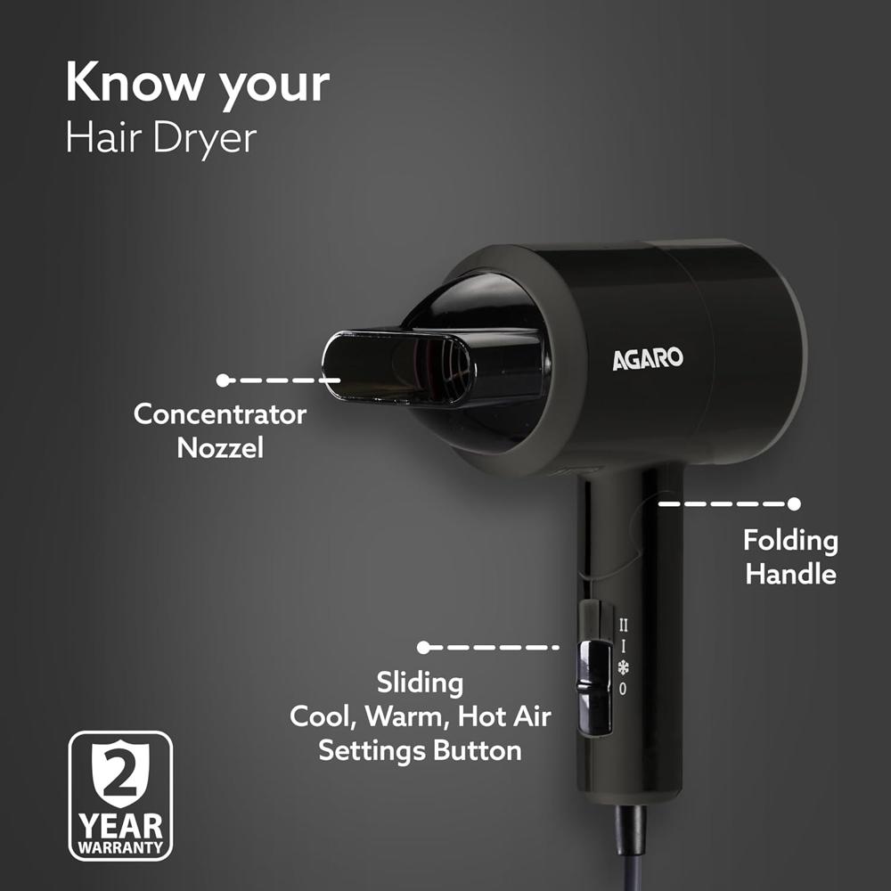 AGARO Hair Dryer for Men, 1200 Watts, 2 Heat Speed and Cool Mode, Foldable (Compact in Size)  33769
