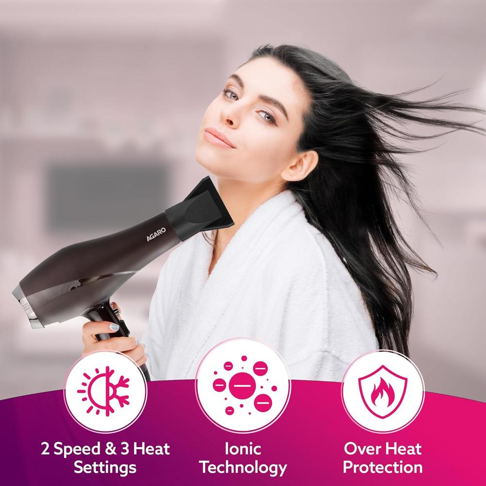 AGARO 2000W AC Professional Hair Dryer with Comb, Concentrator & Diffuser Nozzles, Hot & Cold Air, 2 Speed & 3 Temperature Settings with Cool Shot, Hair Dryer & Blower for Men & Women HD-1120 33532