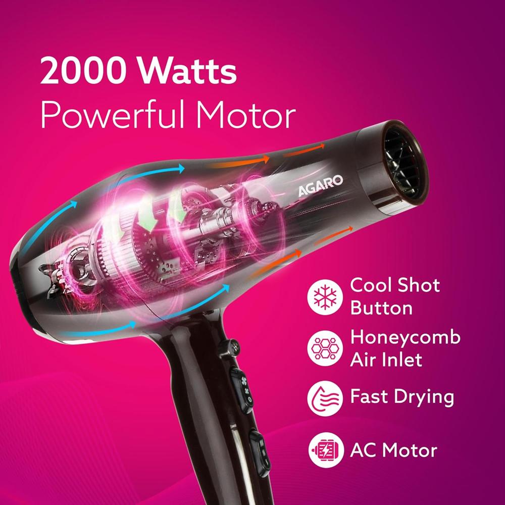 AGARO 2000W AC Professional Hair Dryer with Comb, Concentrator & Diffuser Nozzles, Hot & Cold Air, 2 Speed & 3 Temperature Settings with Cool Shot, Hair Dryer & Blower for Men & Women HD-1120 33532