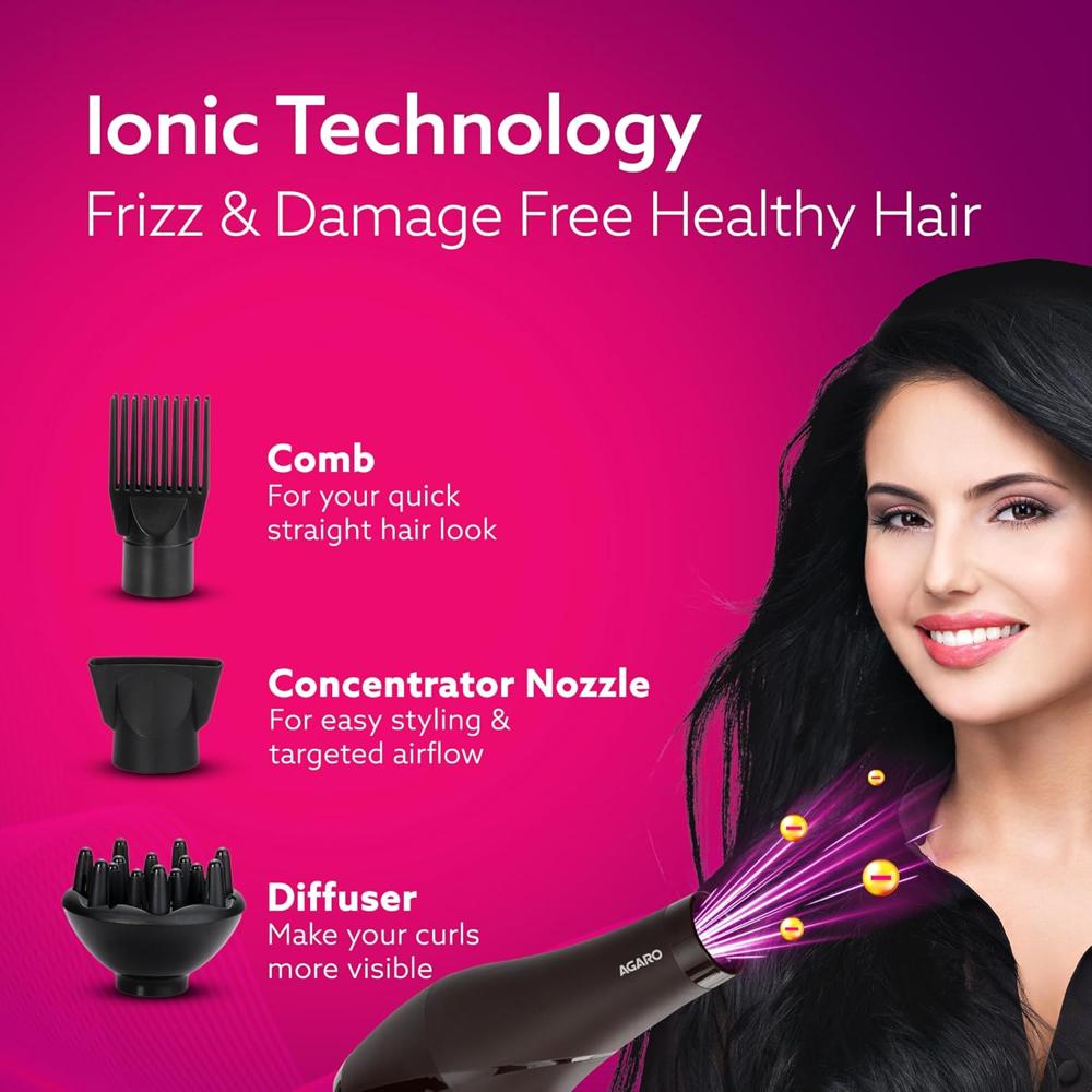 AGARO 2000W AC Professional Hair Dryer with Comb, Concentrator & Diffuser Nozzles, Hot & Cold Air, 2 Speed & 3 Temperature Settings with Cool Shot, Hair Dryer & Blower for Men & Women HD-1120 33532