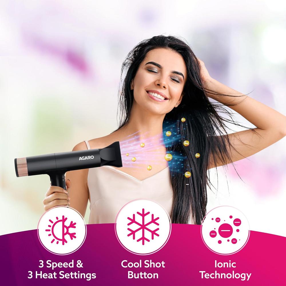 AGARO Royal BLDC Professional Hair Dryer, Brushless Motor, Ionic technology, 2000W, 110000 RPM, Fast Drying, 3 Speed & 3 Temperature Settings, Cool Shot Button, for Women, Men, Salon, Home, Black 33907
