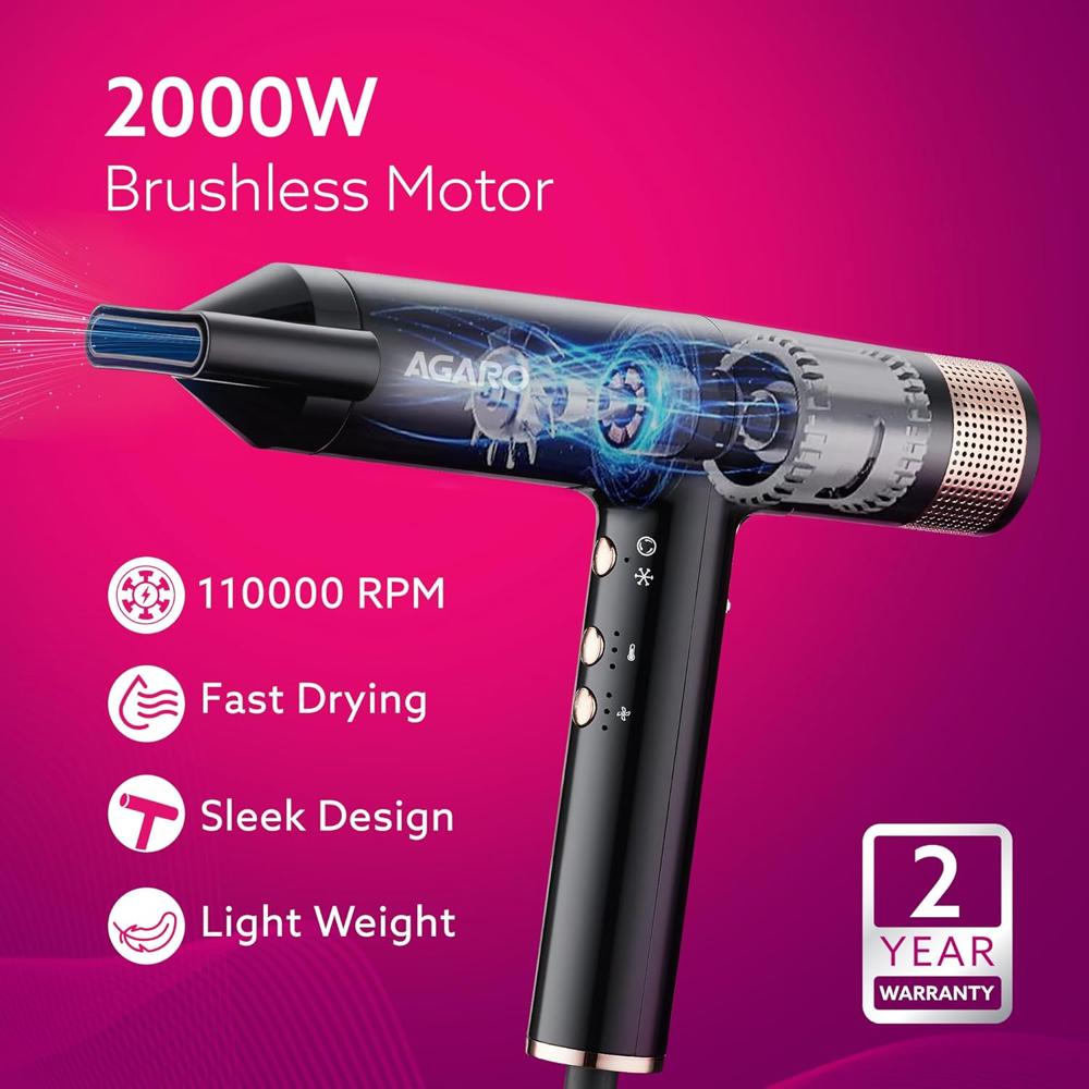 AGARO Royal BLDC Professional Hair Dryer, Brushless Motor, Ionic technology, 2000W, 110000 RPM, Fast Drying, 3 Speed & 3 Temperature Settings, Cool Shot Button, for Women, Men, Salon, Home, Black 33907